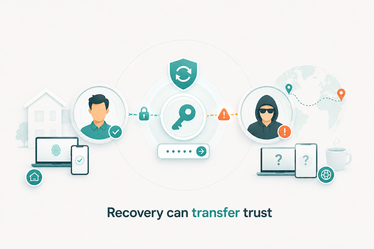 Candidate account recovery transferring access from a familiar user and device to an unfamiliar actor and environment