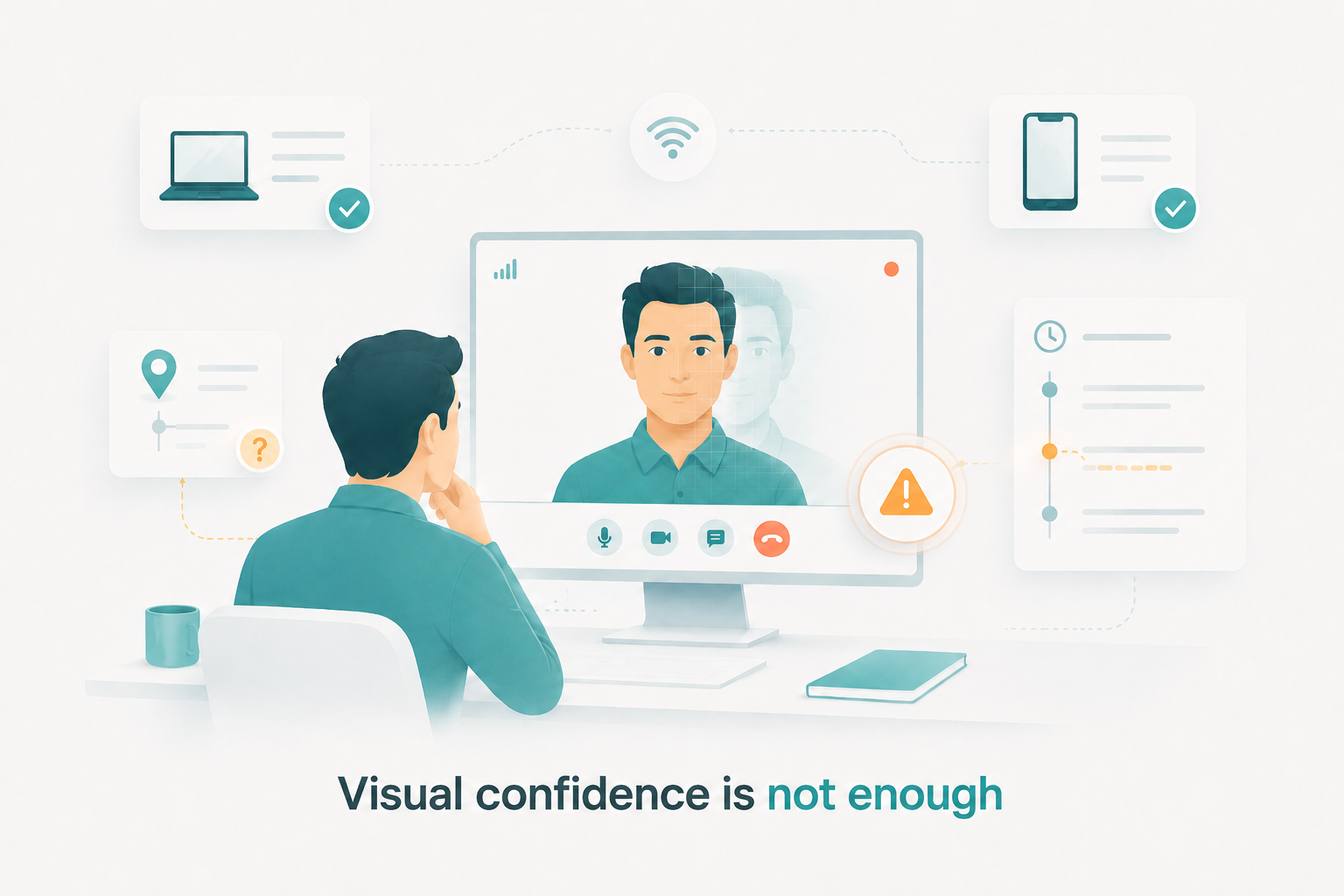 Recruiter reviewing a remote candidate interview with subtle media manipulation and inconsistent device, location, and session signals