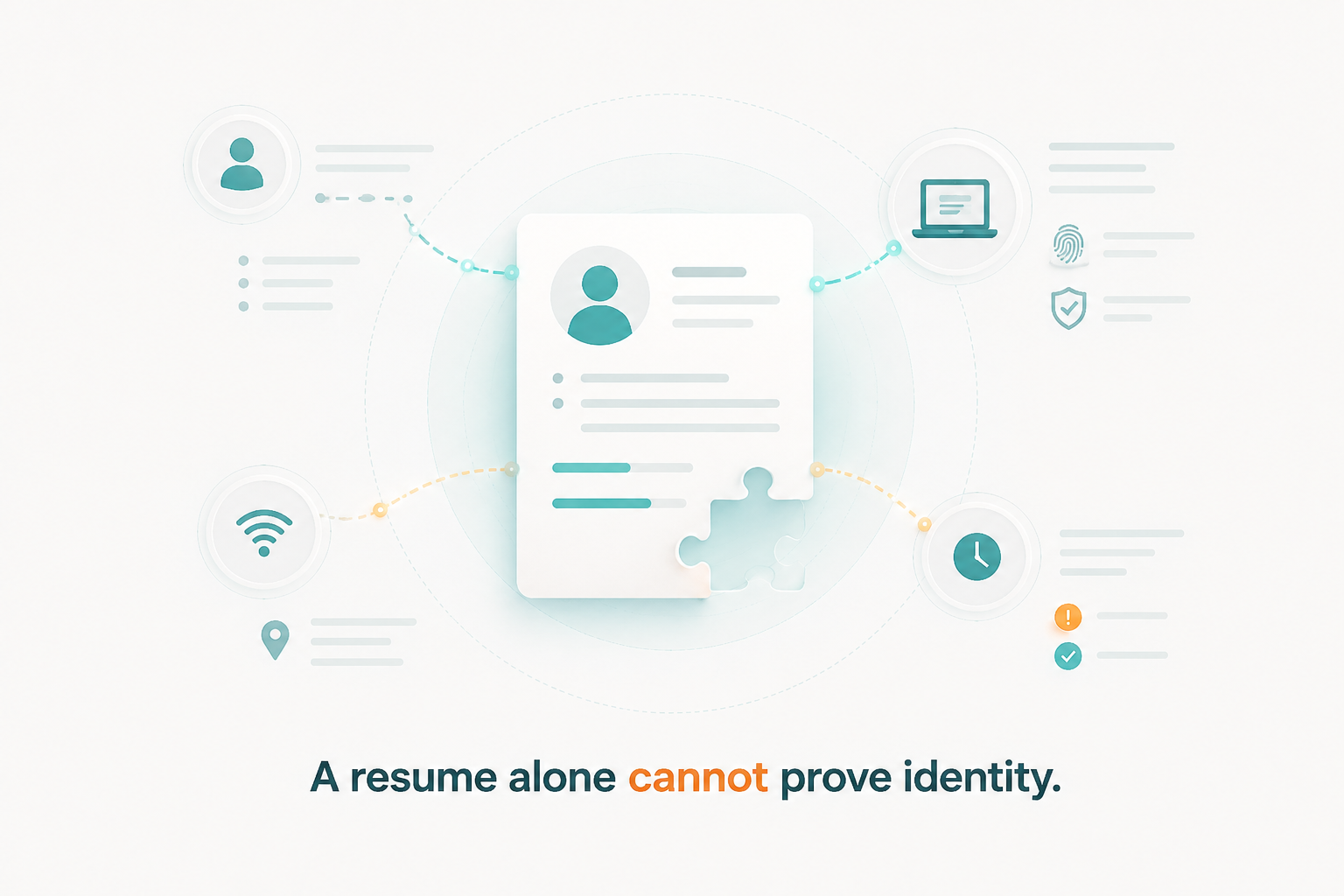 Candidate resume surrounded by device, account, network, and session signals showing that documents alone cannot confirm identity
