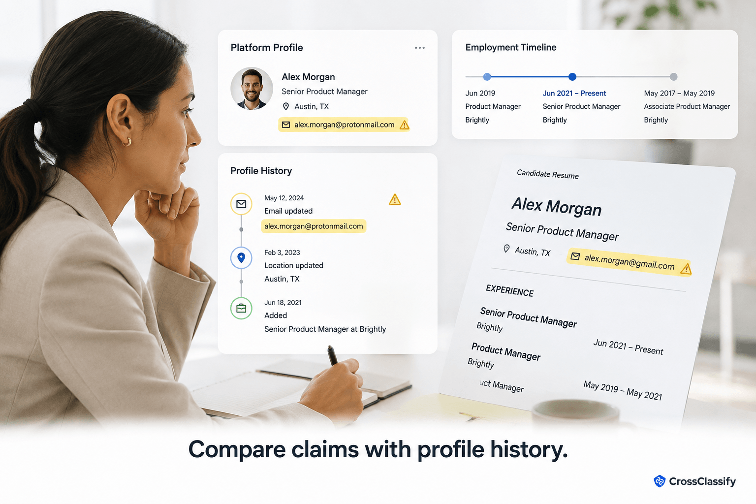 Reviewer compares a candidate resume with platform profile history, employment timeline, location, and recently changed contact information.