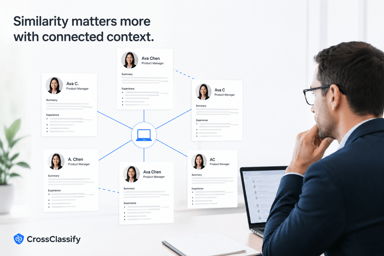 Several similar candidate profiles are connected through a shared device, showing why repeated resume content becomes more meaningful when combined with account relationships.