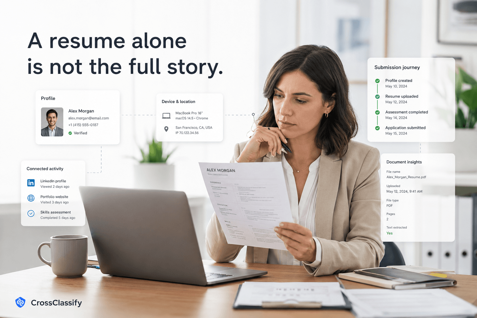 Recruiter reviewing a candidate resume while profile, device, connected activity, document, and submission journey context appears around the application.