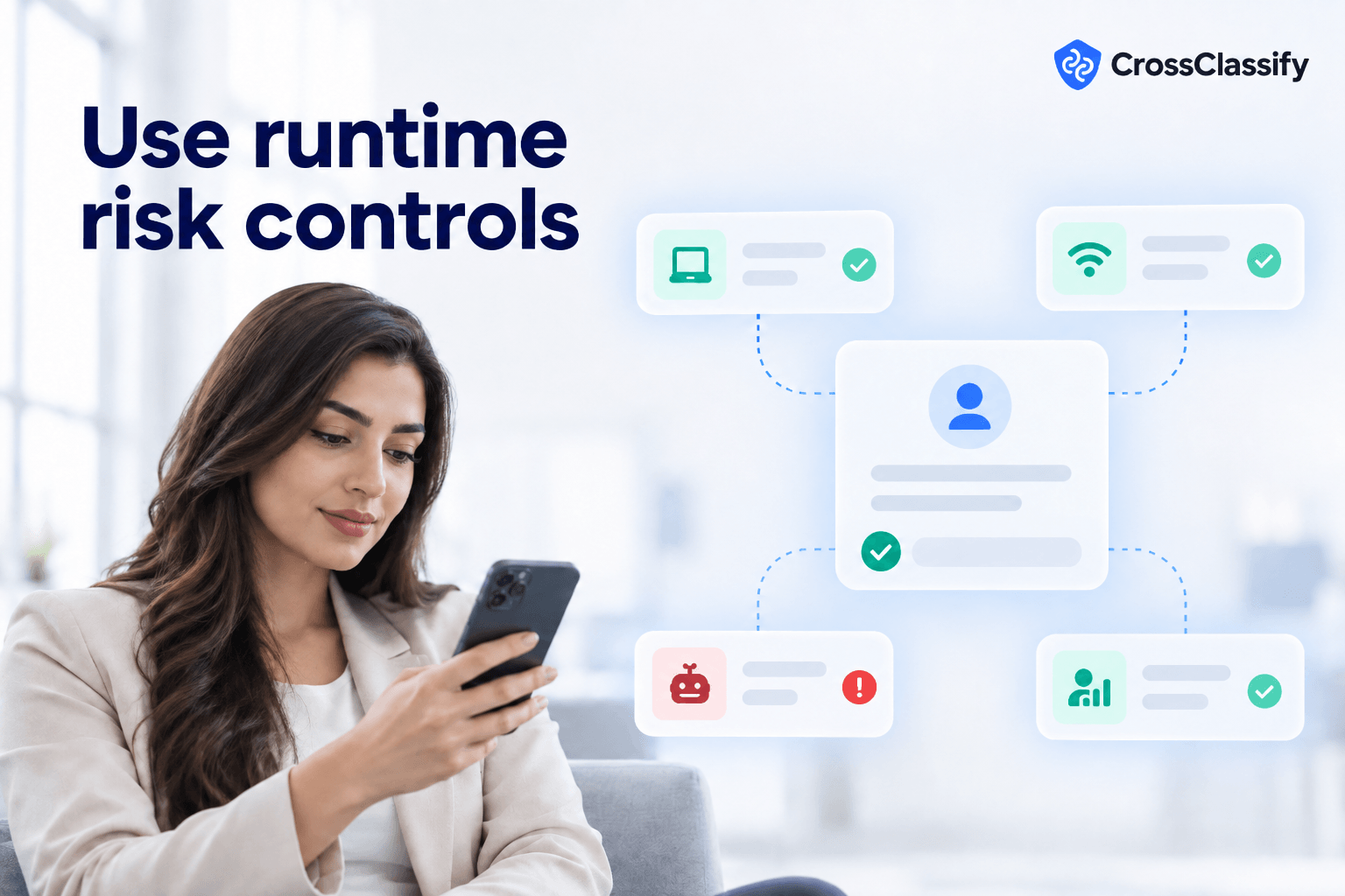 Woman using a smartphone while external runtime controls evaluate device, network, automation, and behavioral signals around her active session, flagging one suspicious signal.