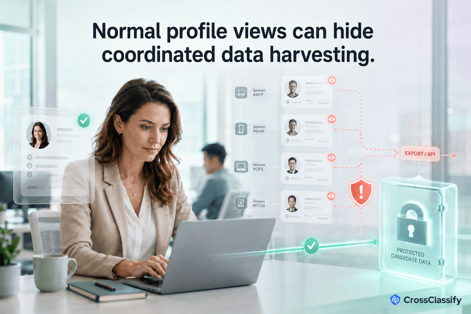 Legitimate recruiter sourcing candidate profiles while linked automated sessions attempt coordinated data harvesting, with suspicious export activity blocked before candidate data leaves the platform.
