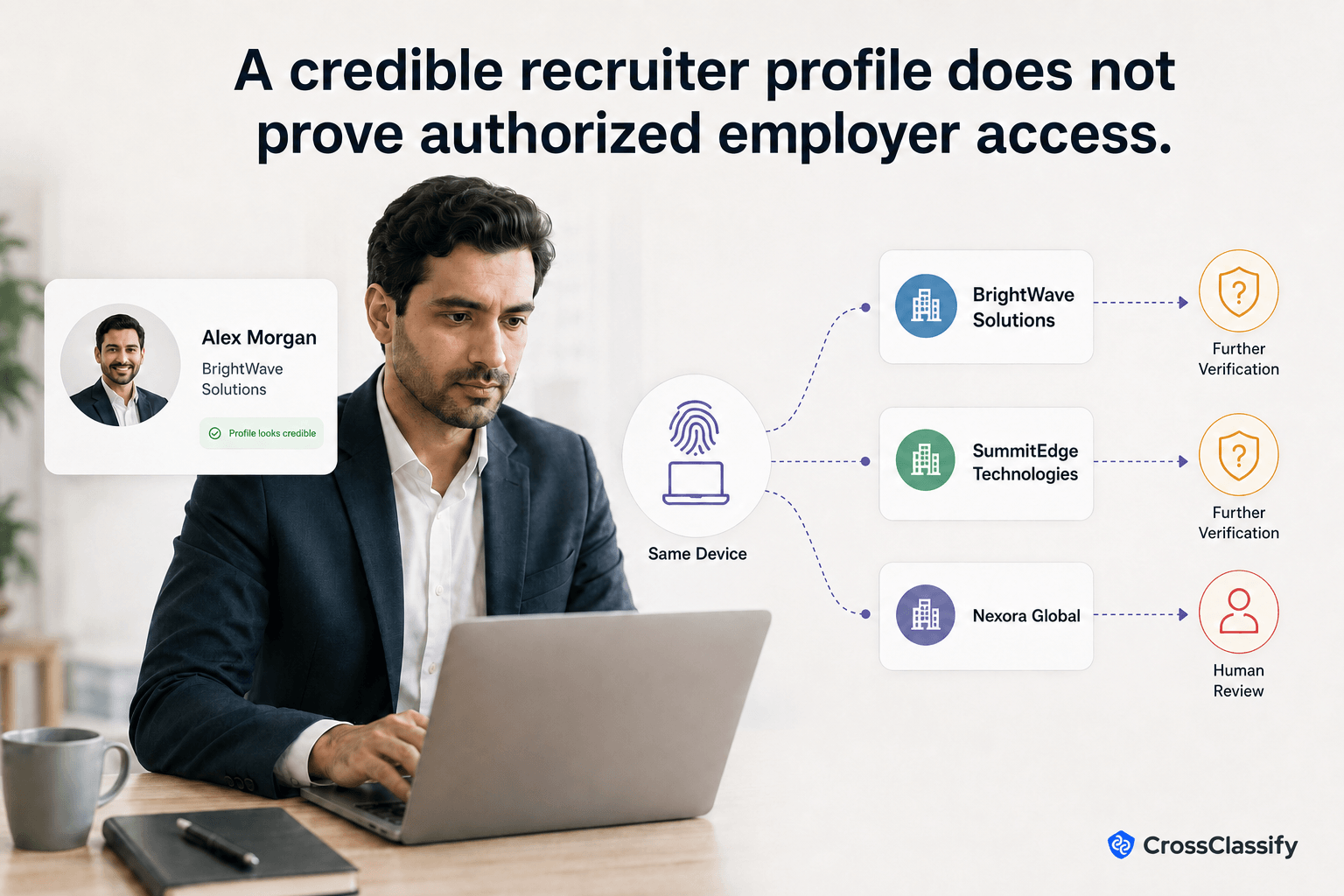 Professional recruiter profile linked through the same device to multiple unrelated employer accounts, revealing hidden fake recruiter risk despite a credible-looking signup.