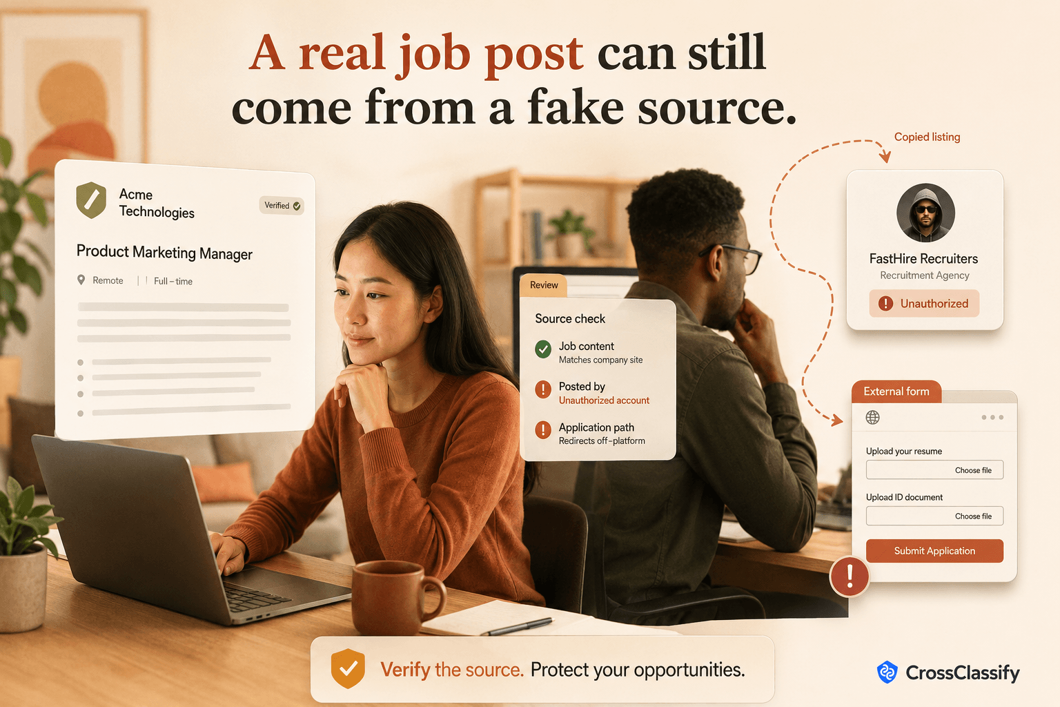 Genuine-looking job listing traced to an unauthorized recruiter account and external application form, showing how source and destination verification can expose recruitment brand abuse.