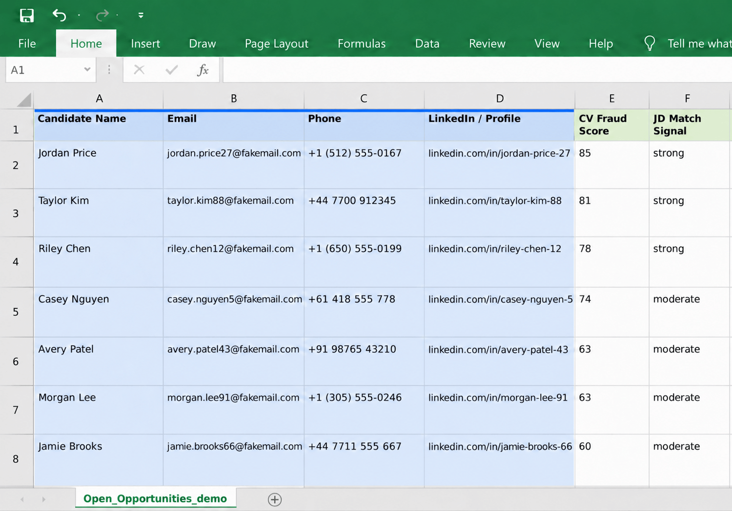 An exported workbook showing candidate contact details, match scores and risk levels