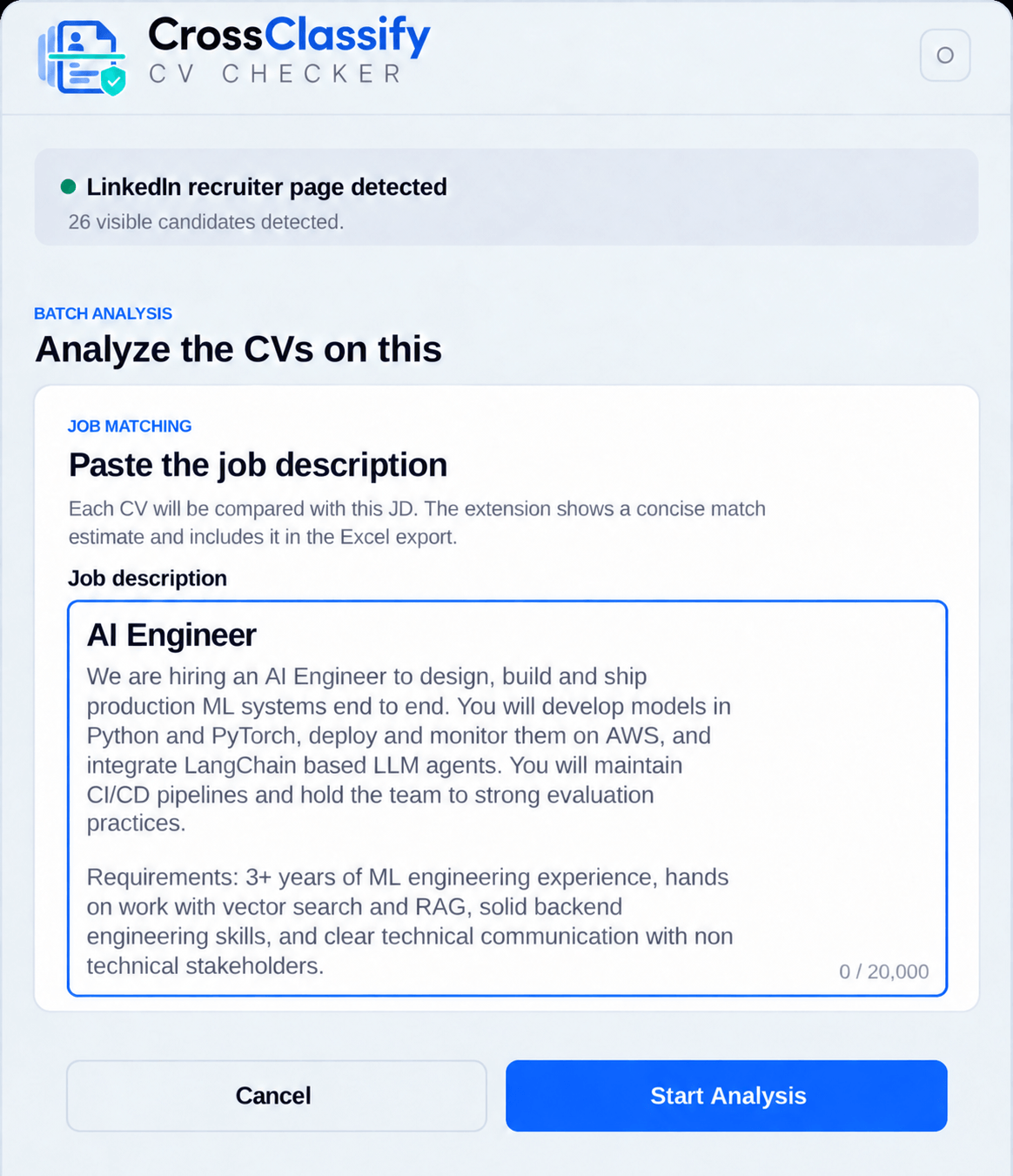 The CrossClassify CV Risk Checker panel with the Job Matching dialog open, showing an AI Engineer job description entered in the job description field