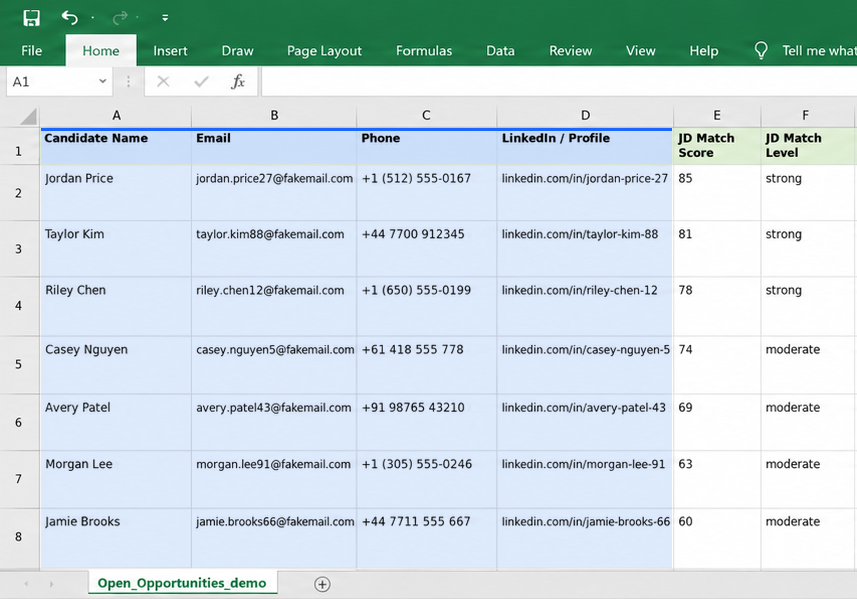 An exported workbook showing candidate contact details, match scores and risk levels