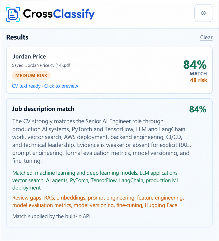 The CV Risk Checker Side Panel docked in Chrome beside LinkedIn Recruiter, showing an 84% job description match with matched keywords and review gaps