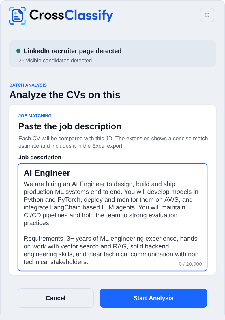 The CrossClassify CV Risk Checker panel with the Job Matching dialog open, showing an AI Engineer job description entered in the job description field